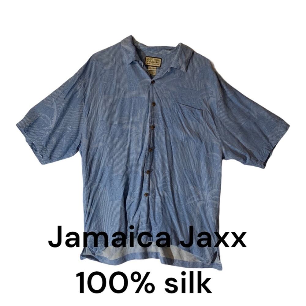 Jamaica Jaxx mens XL blue silk hawaiian tropical button down shirt vaca bahama